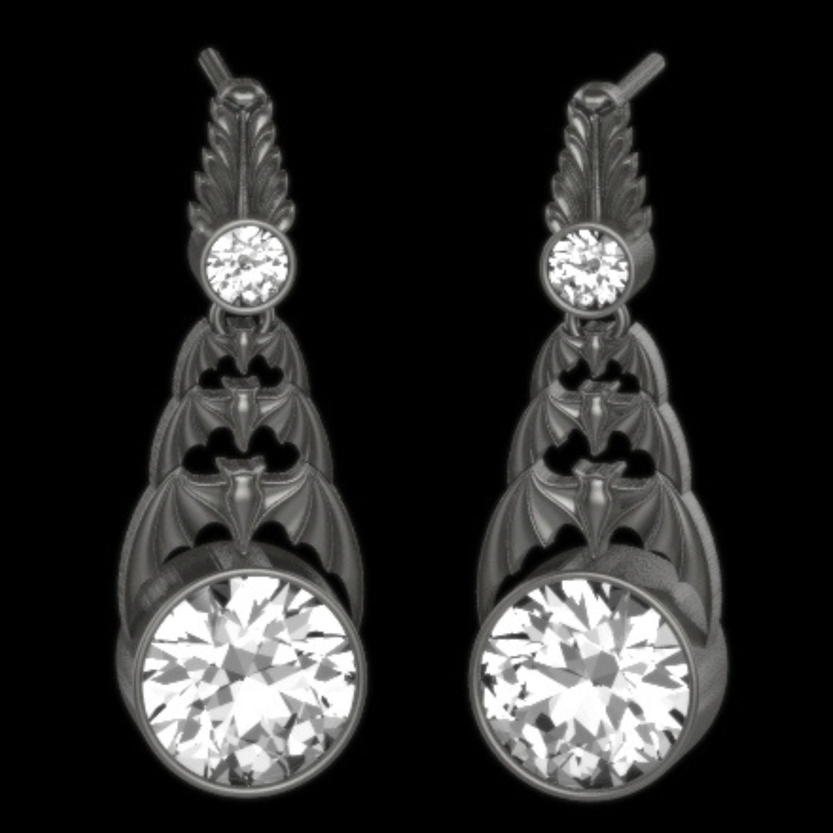 Gothic Nightfall Cascading Bat Earrings with Gemstones