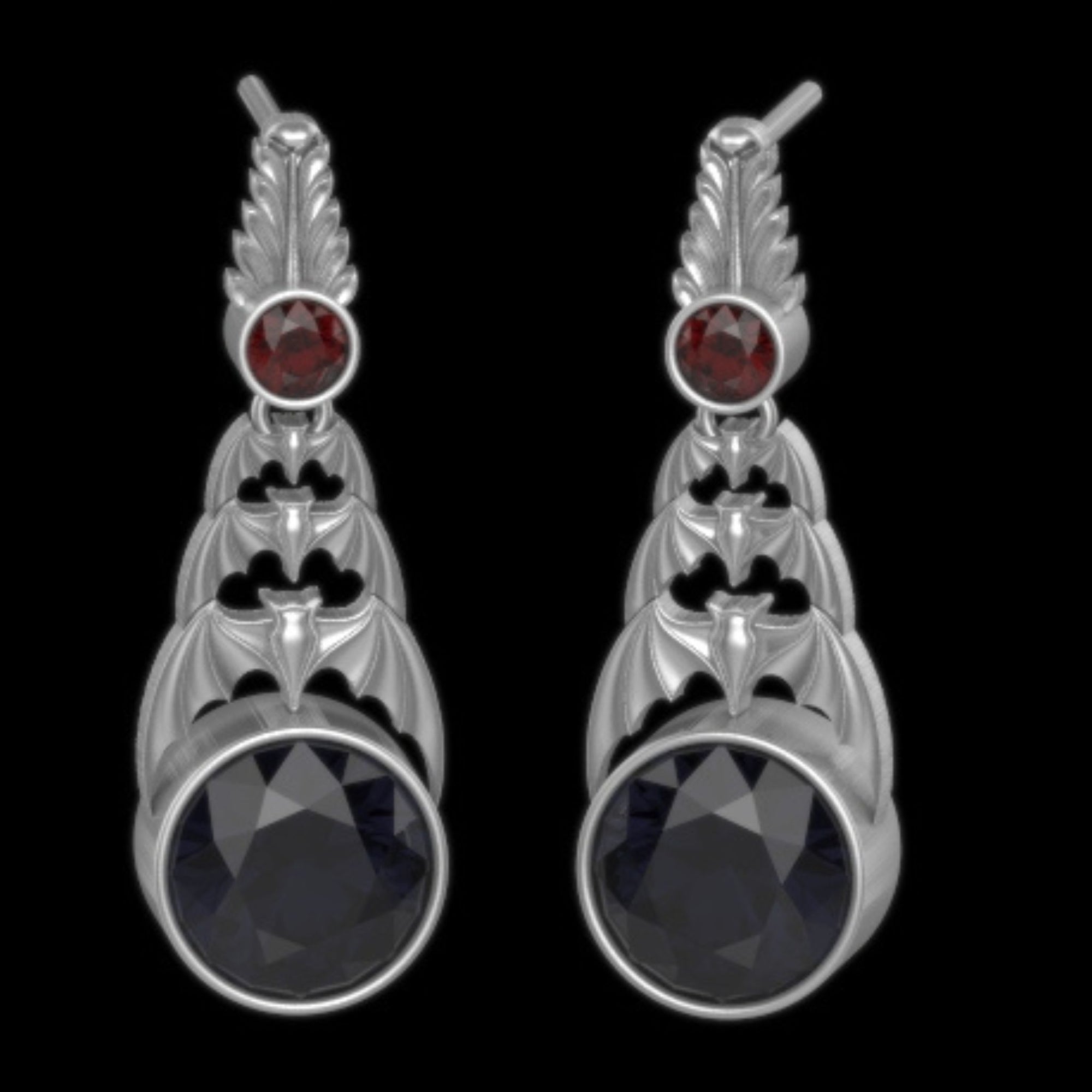 Gothic Nightfall Cascading Bat Earrings with Gemstones