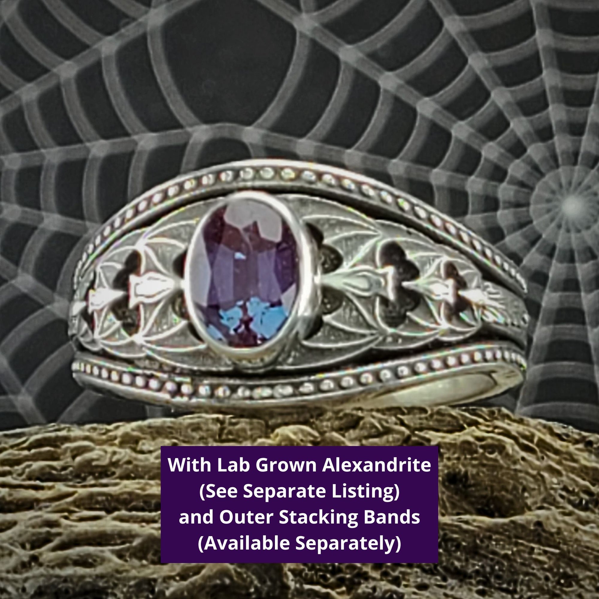 Gothic Nightfall Cascading Bat Solitaire Statement Ring with Oval White or Black Diamond - Just In Time for Halloween Festivities!