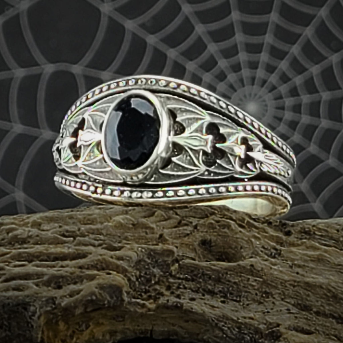 Gothic Nightfall Cascading Bat Solitaire Statement Ring with Oval White or Black Diamond - Just In Time for Halloween Festivities!