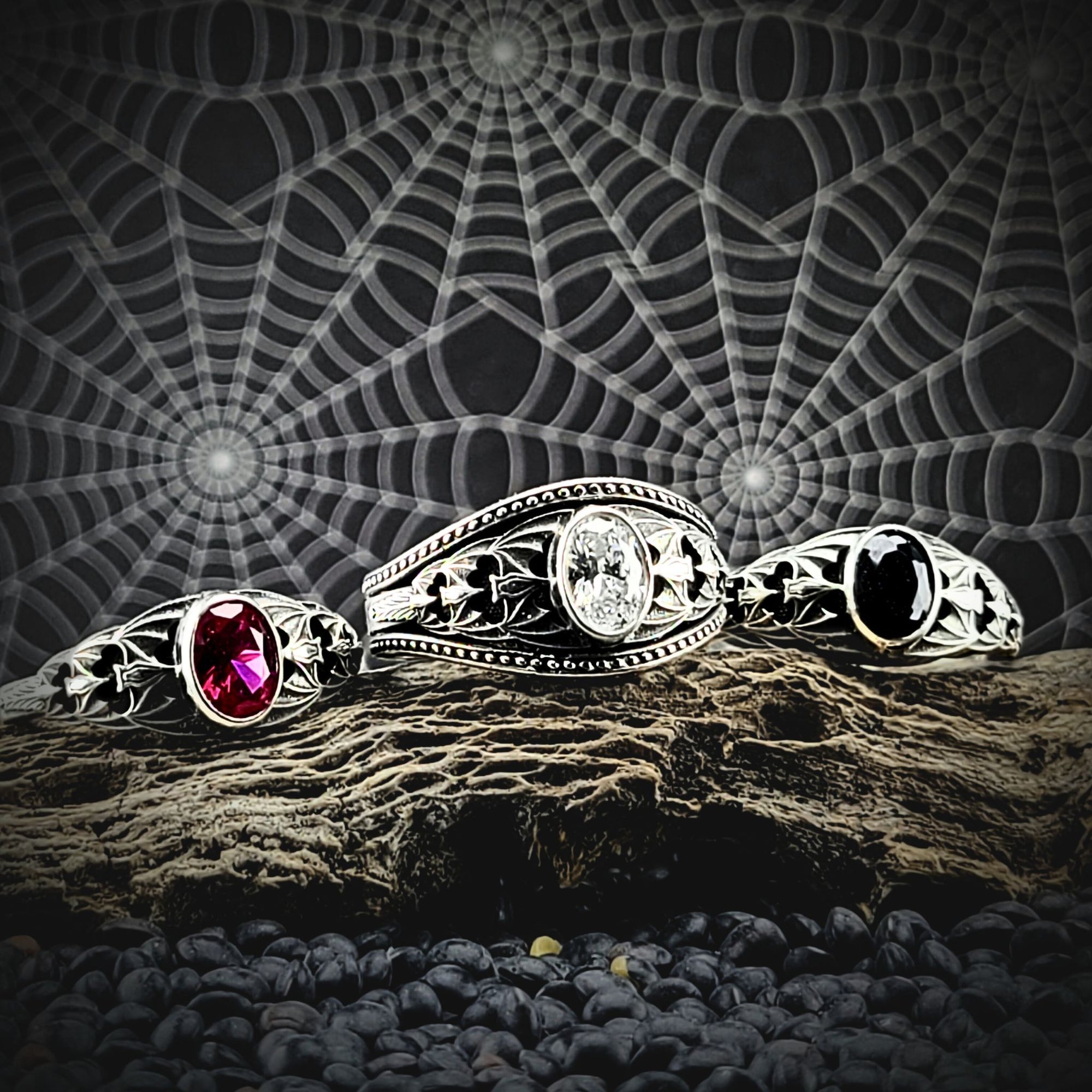 Gothic Nightfall Cascading Bat Solitaire Statement Ring with Oval White or Black Diamond - Just In Time for Halloween Festivities!