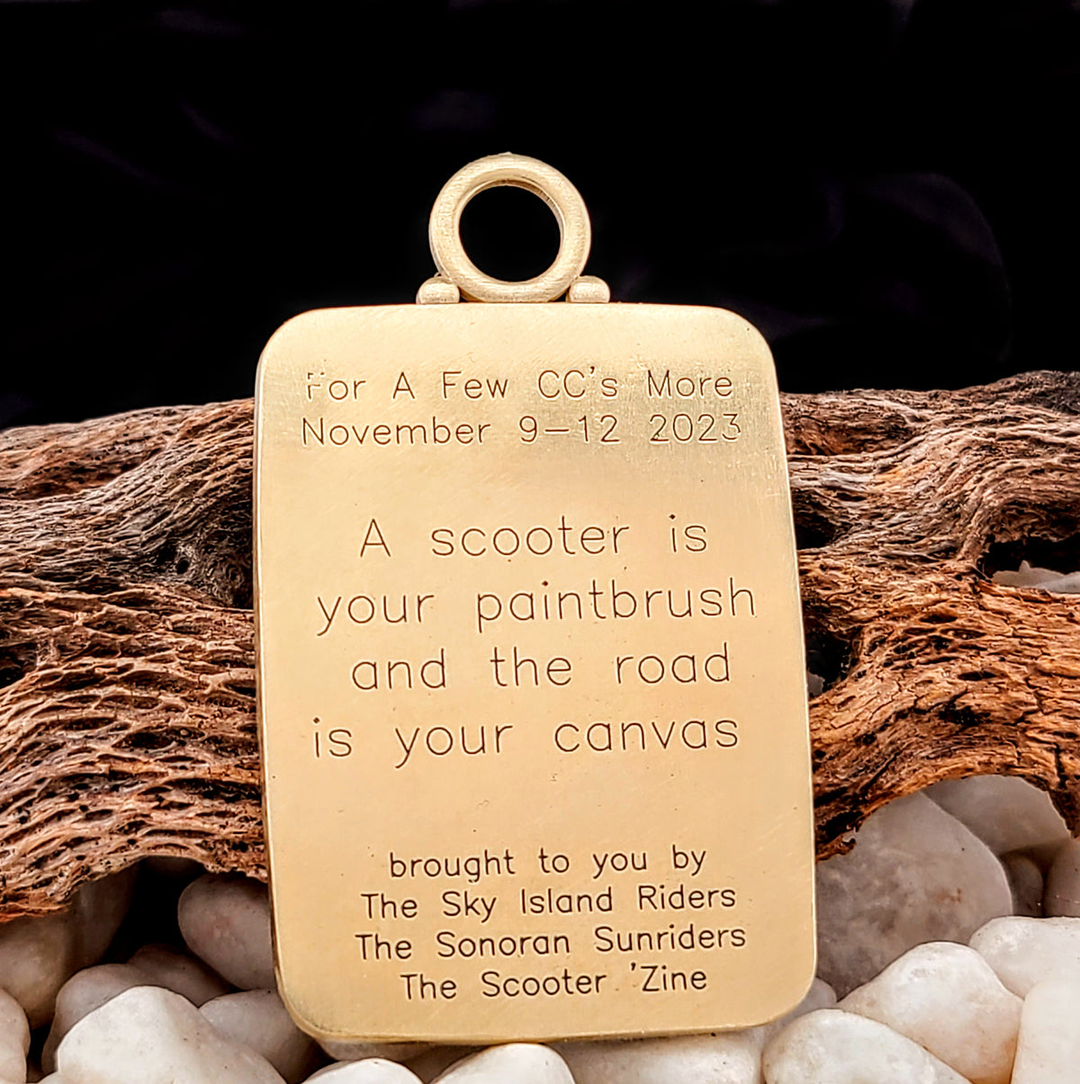 Sky Island Riders &amp; Sonoran Sunriders - For A Few CC&#39;s More Rally Commemorative Steampunk Scooter Brass Keychain