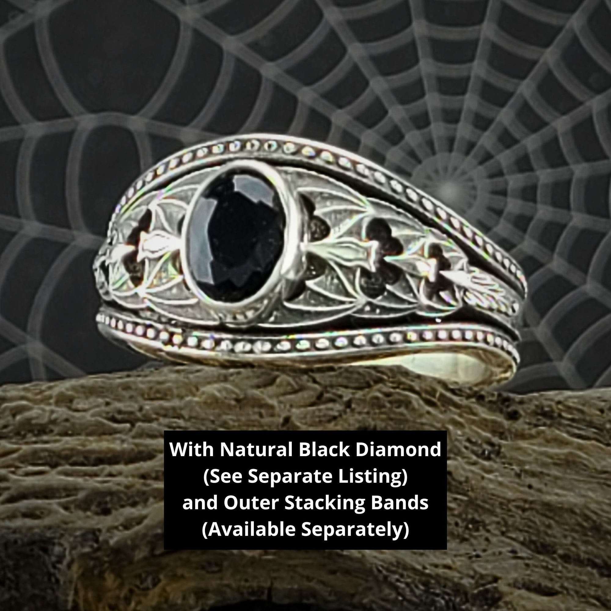 Gothic Nightfall Cascading Bat Solitaire Statement Ring with Black Spinel or Garnet