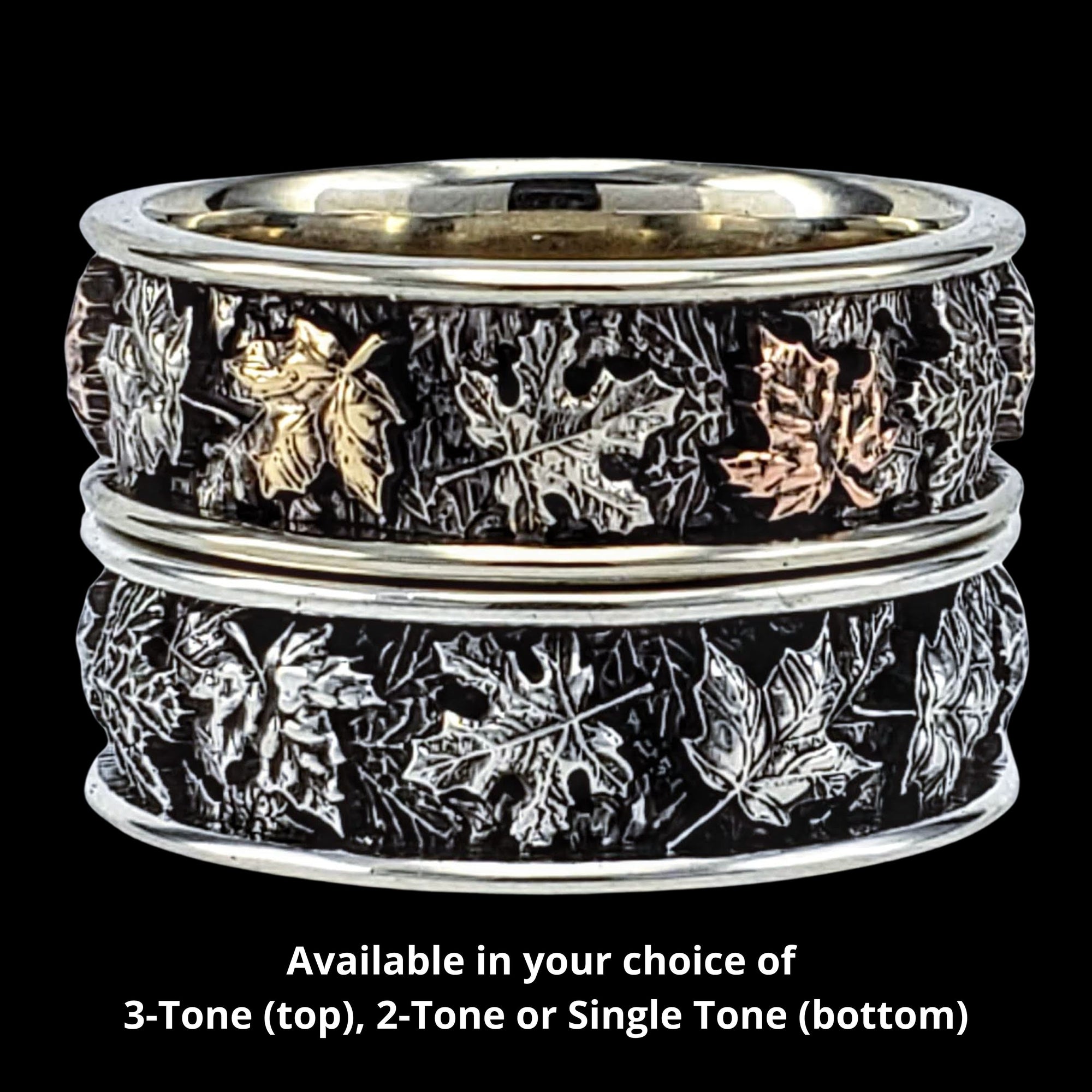 AUTUMN MAPLE TREE LEAVES BAND RING 3-TONED