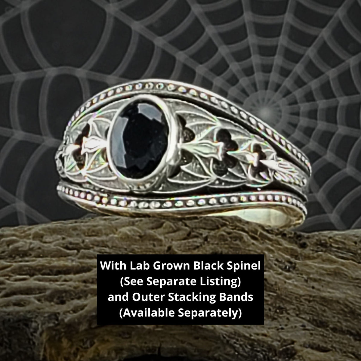 Gothic Nightfall Cascading Bat Solitaire Statement Ring with Oval White or Black Diamond - Just In Time for Halloween Festivities!