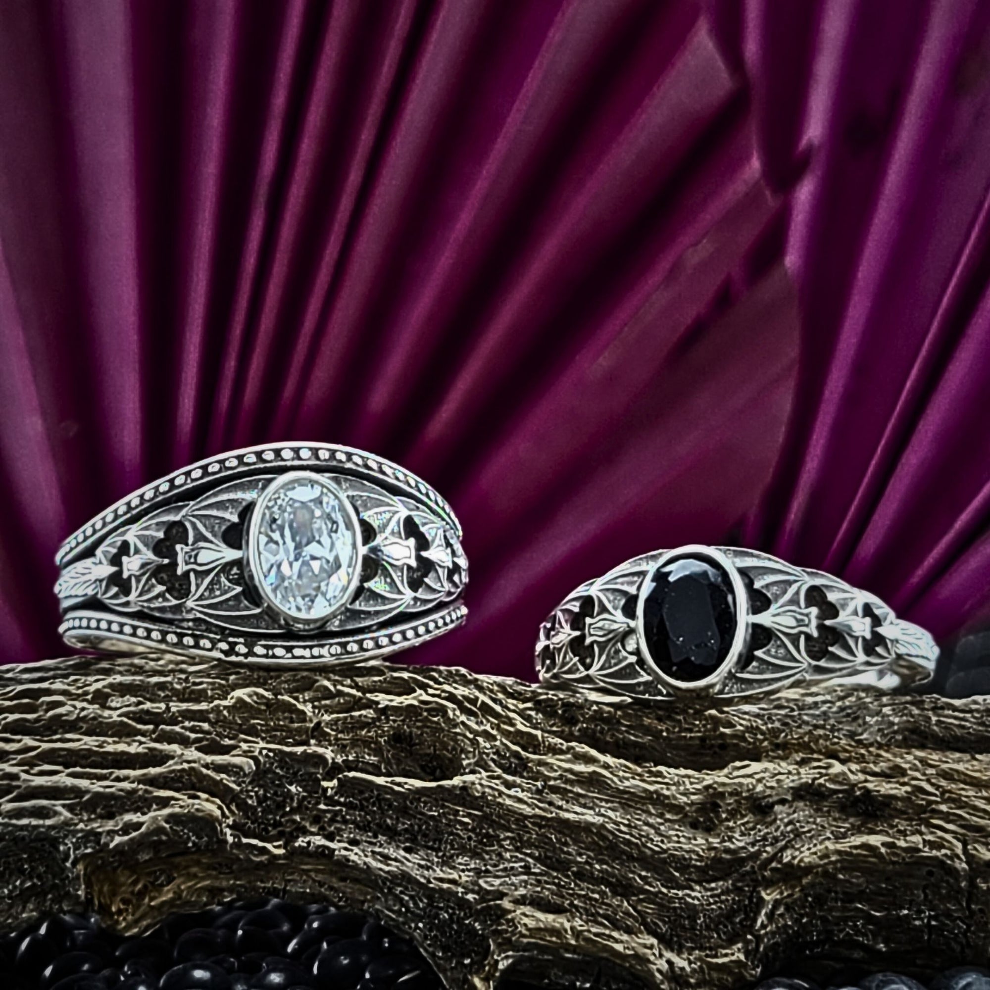 Gothic Nightfall Cascading Bat Solitaire Statement Ring with Oval White or Black Diamond - Just In Time for Halloween Festivities!