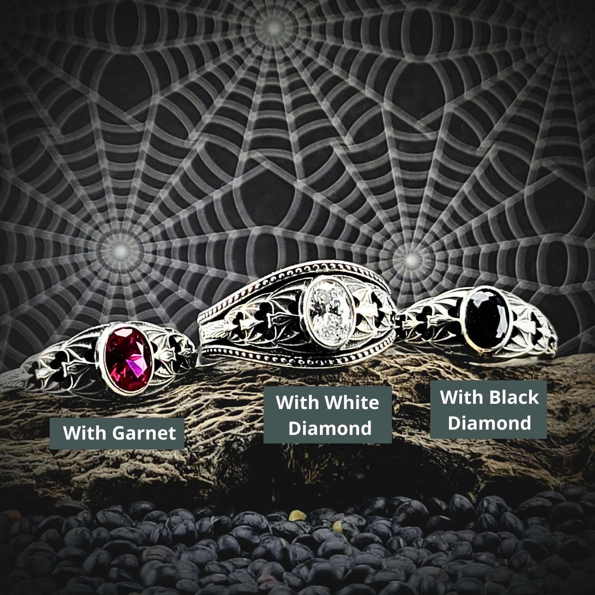 Gothic Nightfall Cascading Bat Solitaire Statement Ring with Black Spinel or Garnet