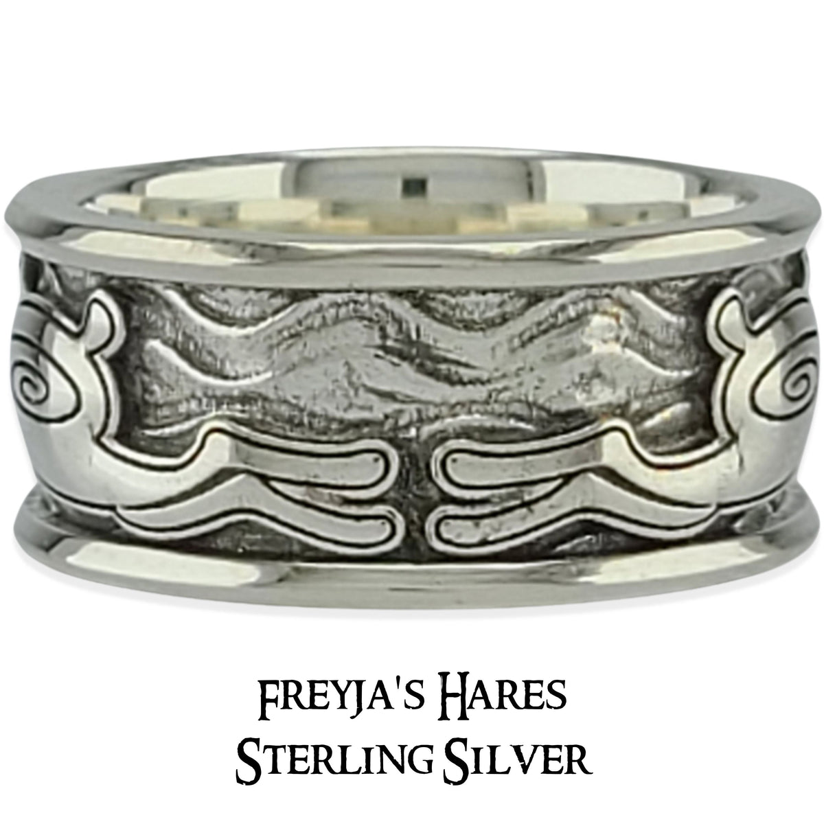 FREYJA&#39;S HARES SOLITAIRE BAND RING with TURQUOISE CABACHON 925 Sterling Silver or Continuum Silver or Silver+Gold 2-Tone