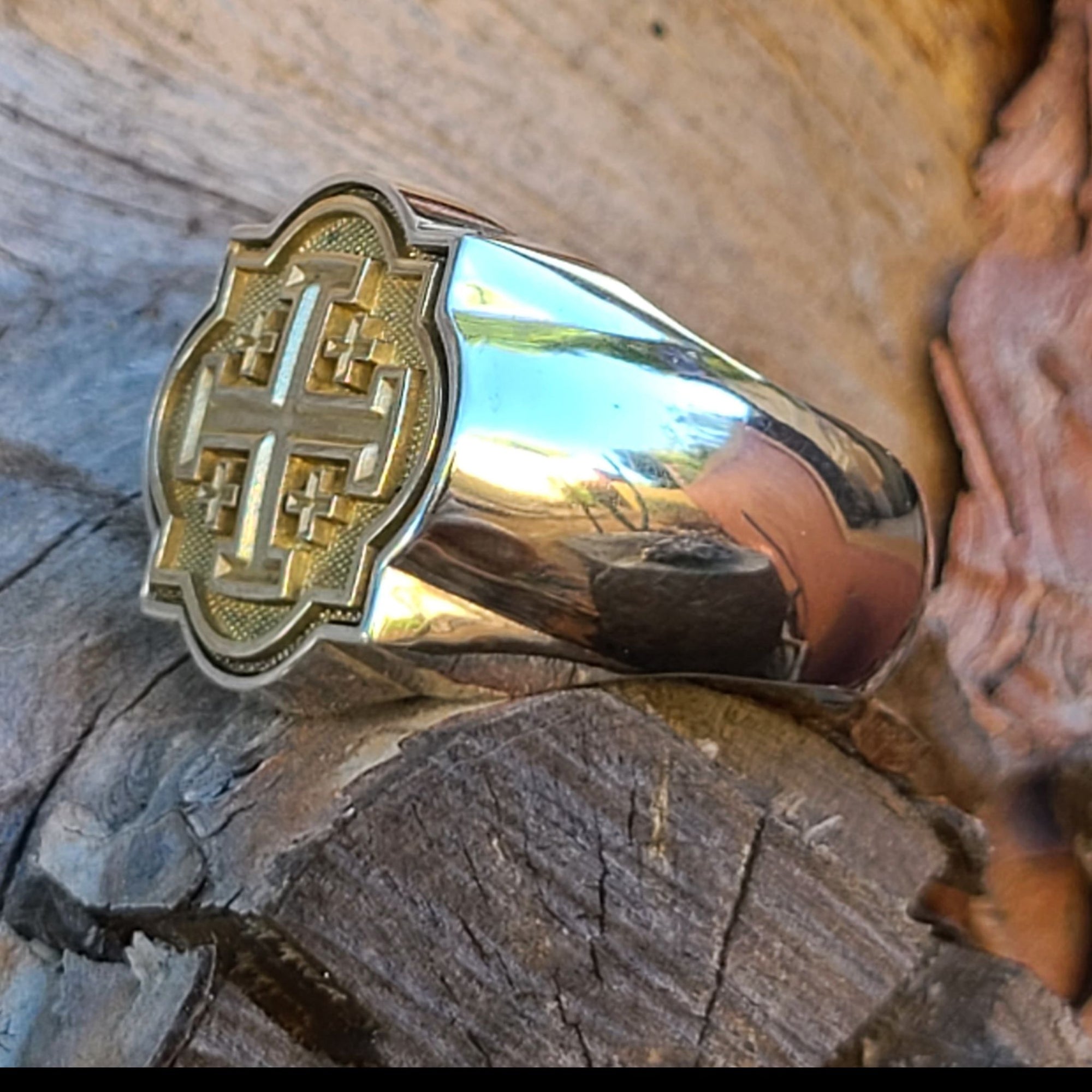 Jerusalem Cross Signet Ring -  2-Tone Sterling or Continuum and 14KT Gold