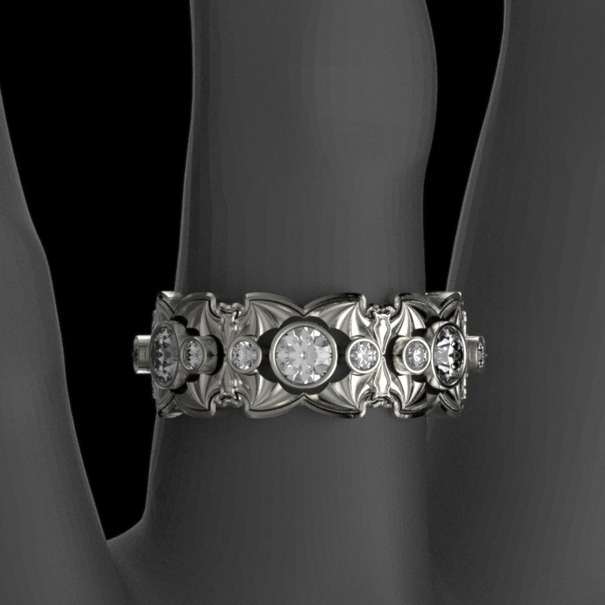 The Opulent Gothic Nightfall Double Bats Solitaire Statement Ring with White Diamonds - Just In Time for Halloween Festivities!