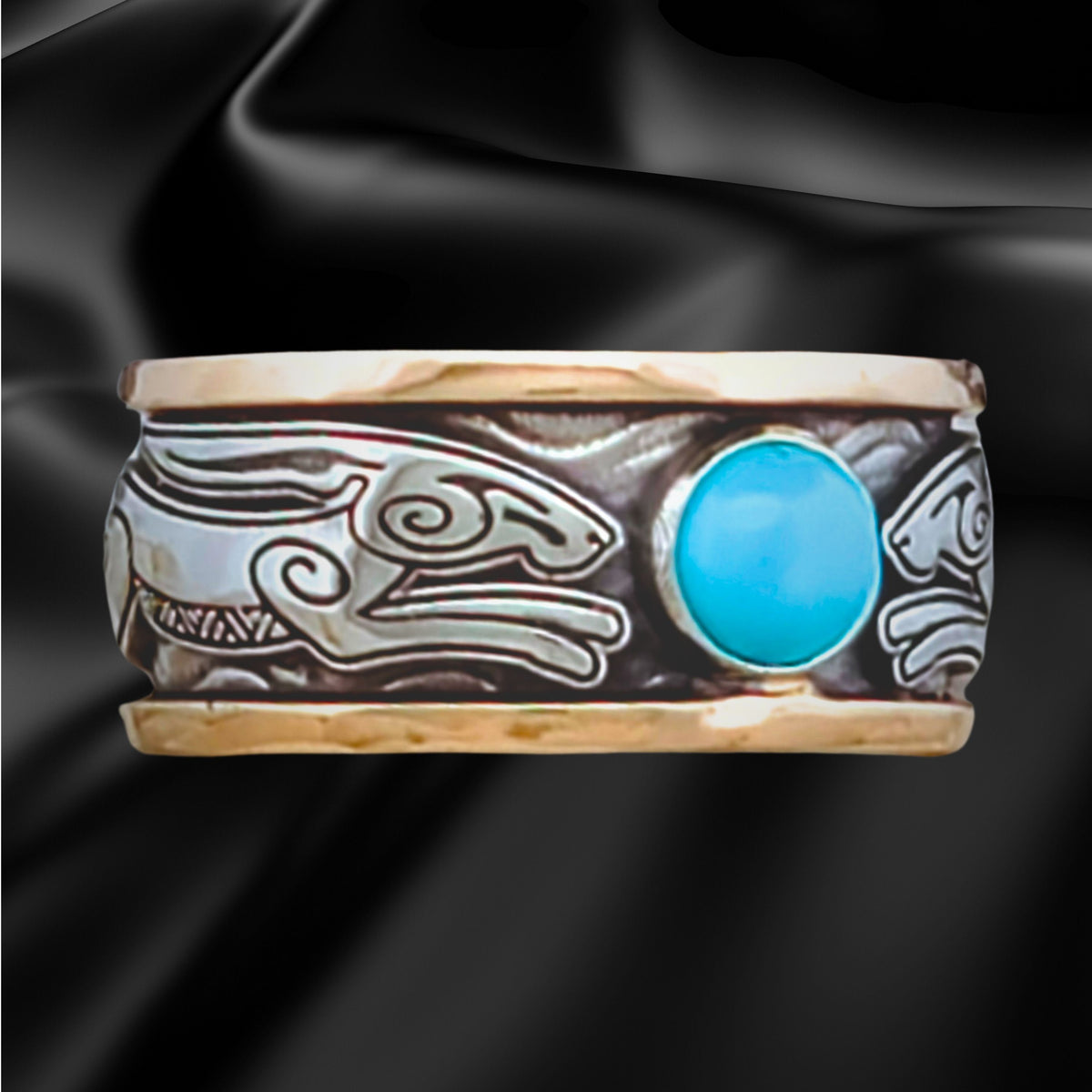 FREYJA&#39;S HARES SOLITAIRE BAND RING with TURQUOISE CABACHON 14KT 2-TONE GOLD