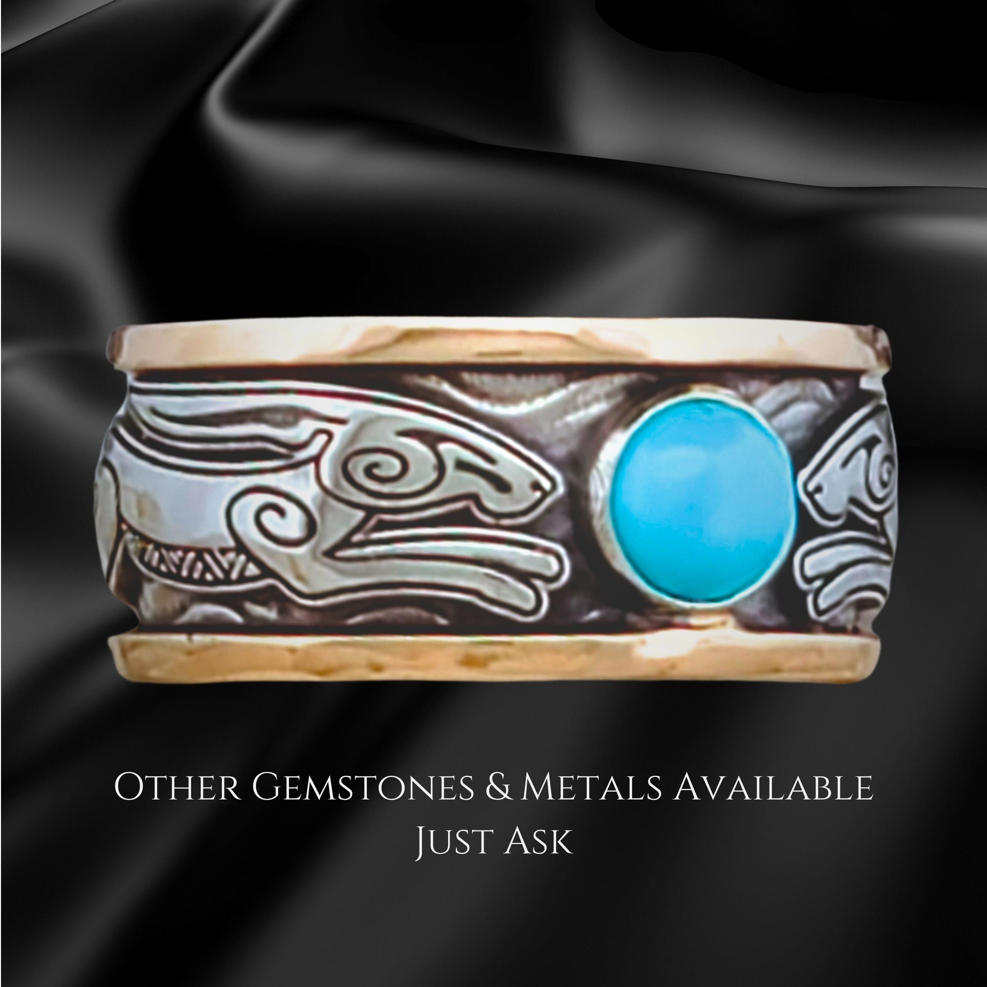 FREYJA'S HARES SOLITAIRE BAND RING with TURQUOISE CABACHON 925 Sterling Silver or Continuum Silver or Silver+Gold 2-Tone