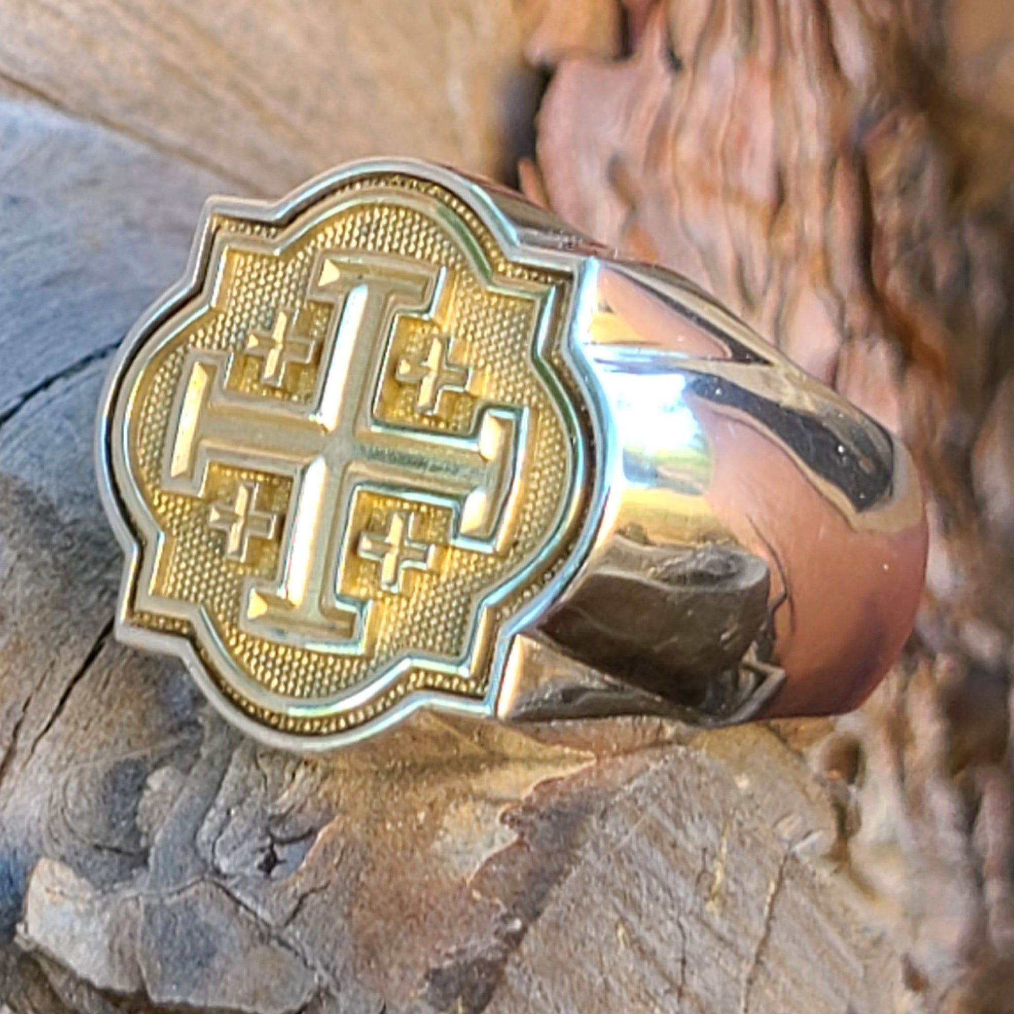 Jerusalem Cross Signet Ring -  2-Tone Sterling or Continuum and 14KT Gold