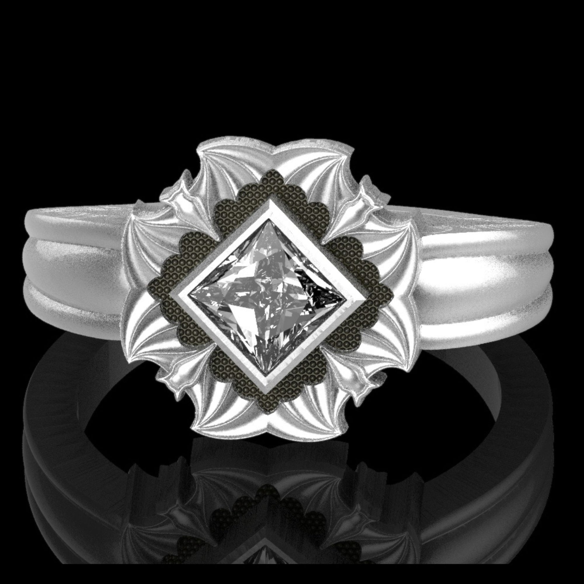 Gothic Nightfall Bat Solitaire Statement Ring with Princess Cut Gemstone