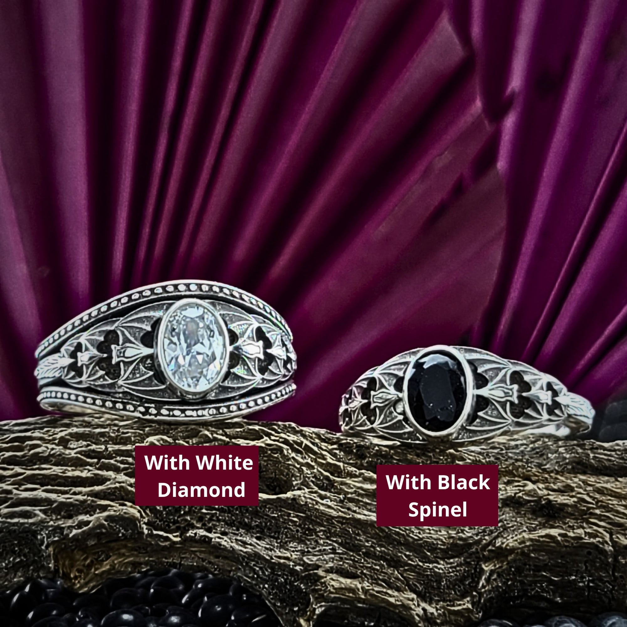 Gothic Nightfall Cascading Bat Solitaire Statement Ring with Black Spinel or Garnet