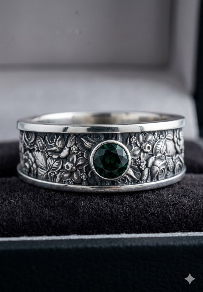 Special Order for A. A. - Custom Tapered Spring Bouquet Solitaire in Continuum Silver with 5mm round L.G. Emerald