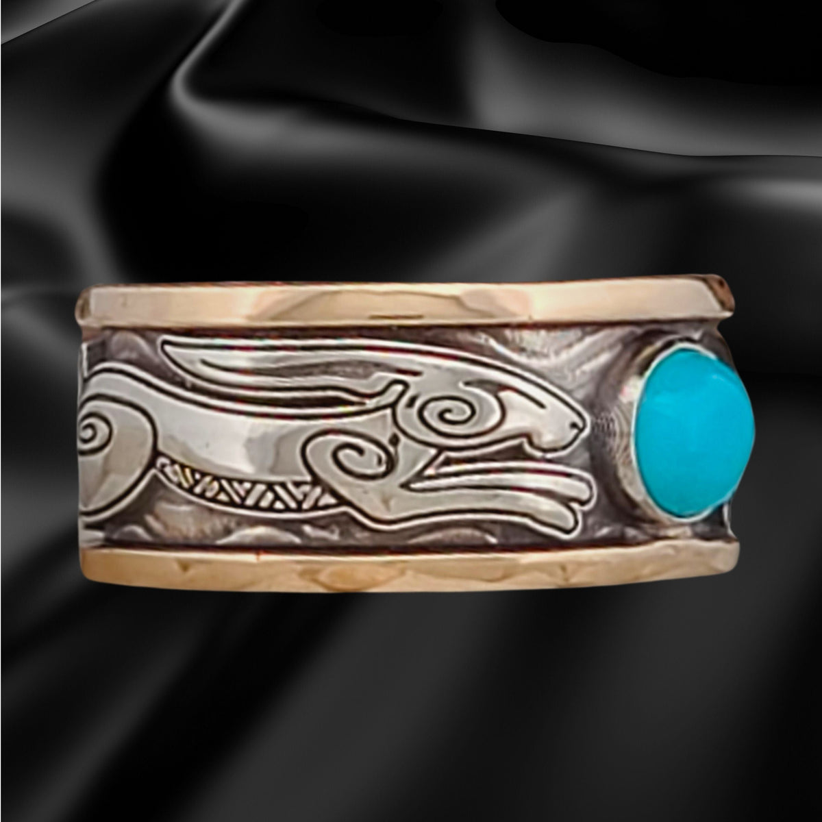 FREYJA&#39;S HARES SOLITAIRE BAND RING with TURQUOISE CABACHON 10KT GOLD