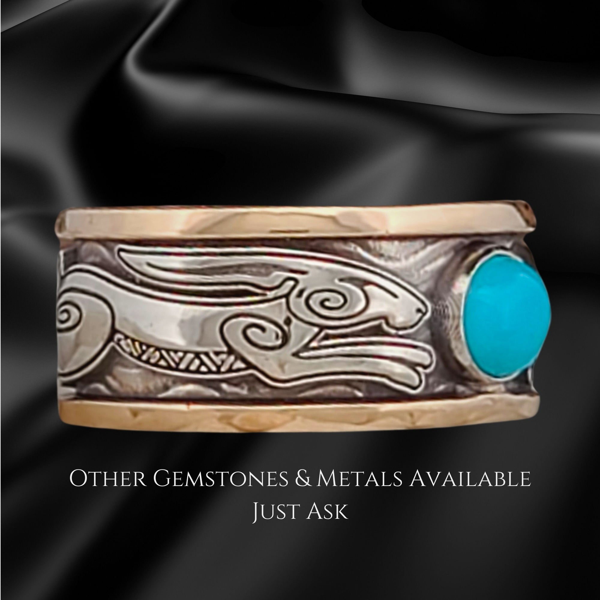 FREYJA'S HARES SOLITAIRE BAND RING with TURQUOISE CABACHON 14KT 2-TONE GOLD