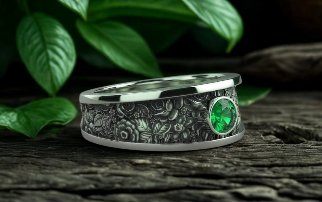 Special Order for A. A. - Custom Tapered Spring Bouquet Solitaire in Continuum Silver with 5mm round L.G. Emerald