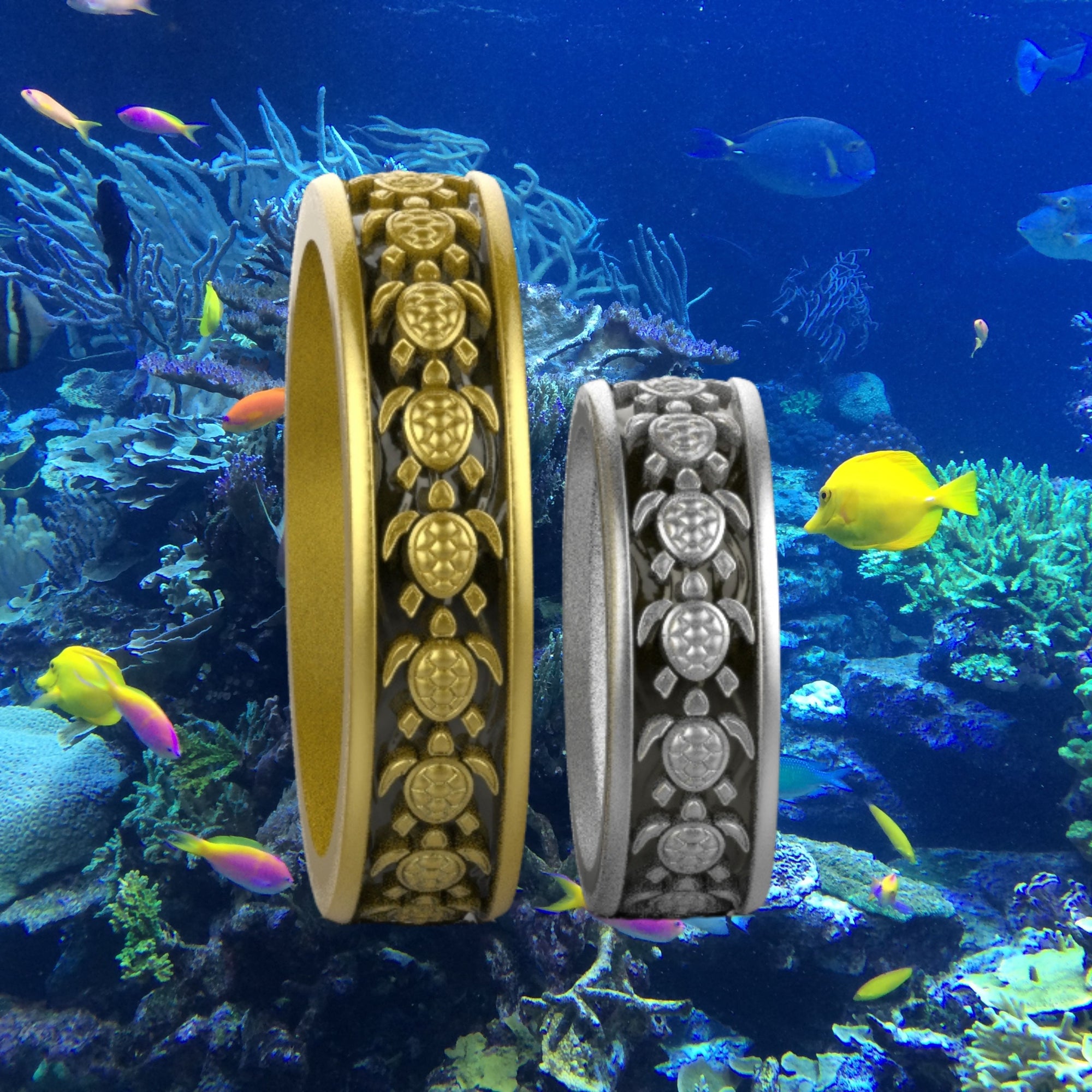 Tortuga Band Ring - Sea Turtle Swimming In Ocean in Sterling, Continuum or Sterling+10KT