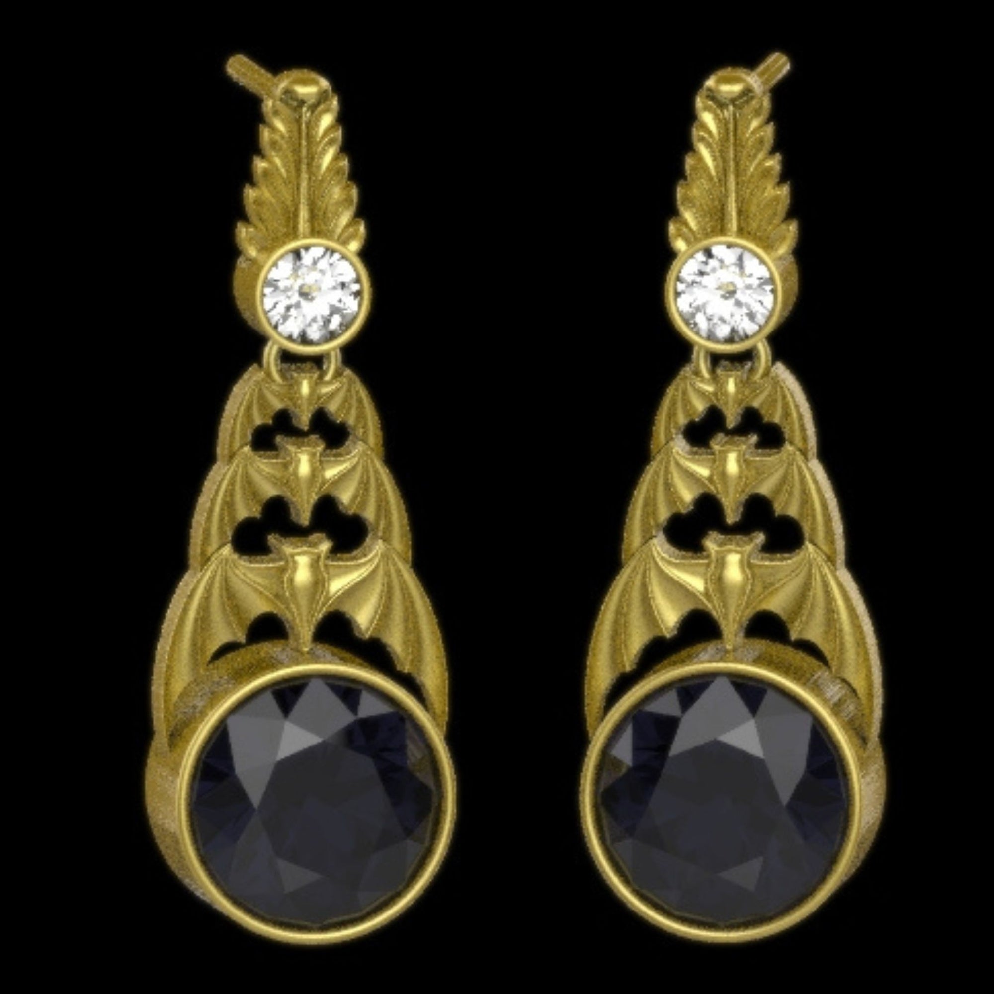 Gothic Nightfall Cascading Bat Earrings with Gemstones