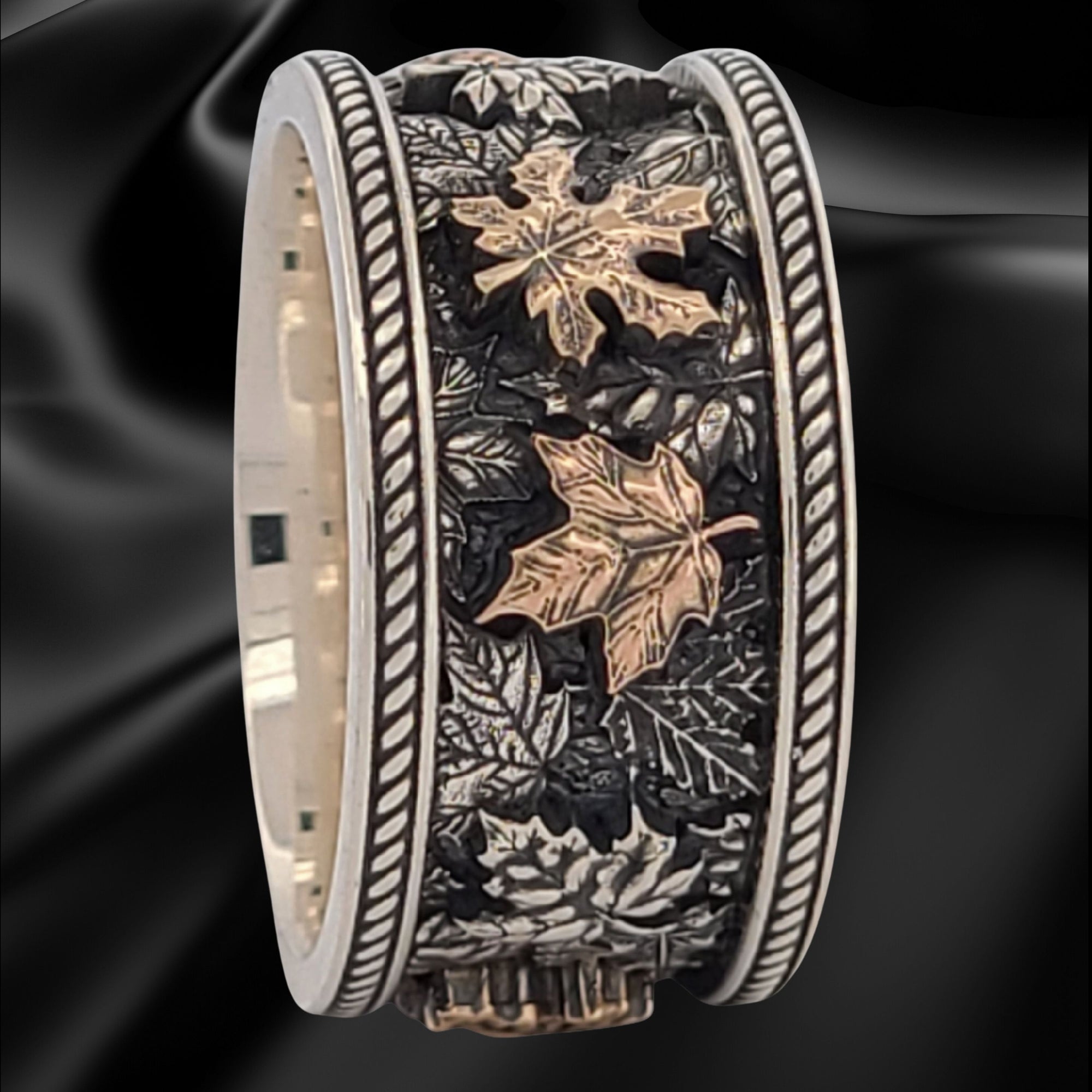 INVENTORY SALE-AUTUMN MAPLE LEAVES Wide Band Canadian-Themed Wedding Ring Tri-Toned Gold Fall Colors