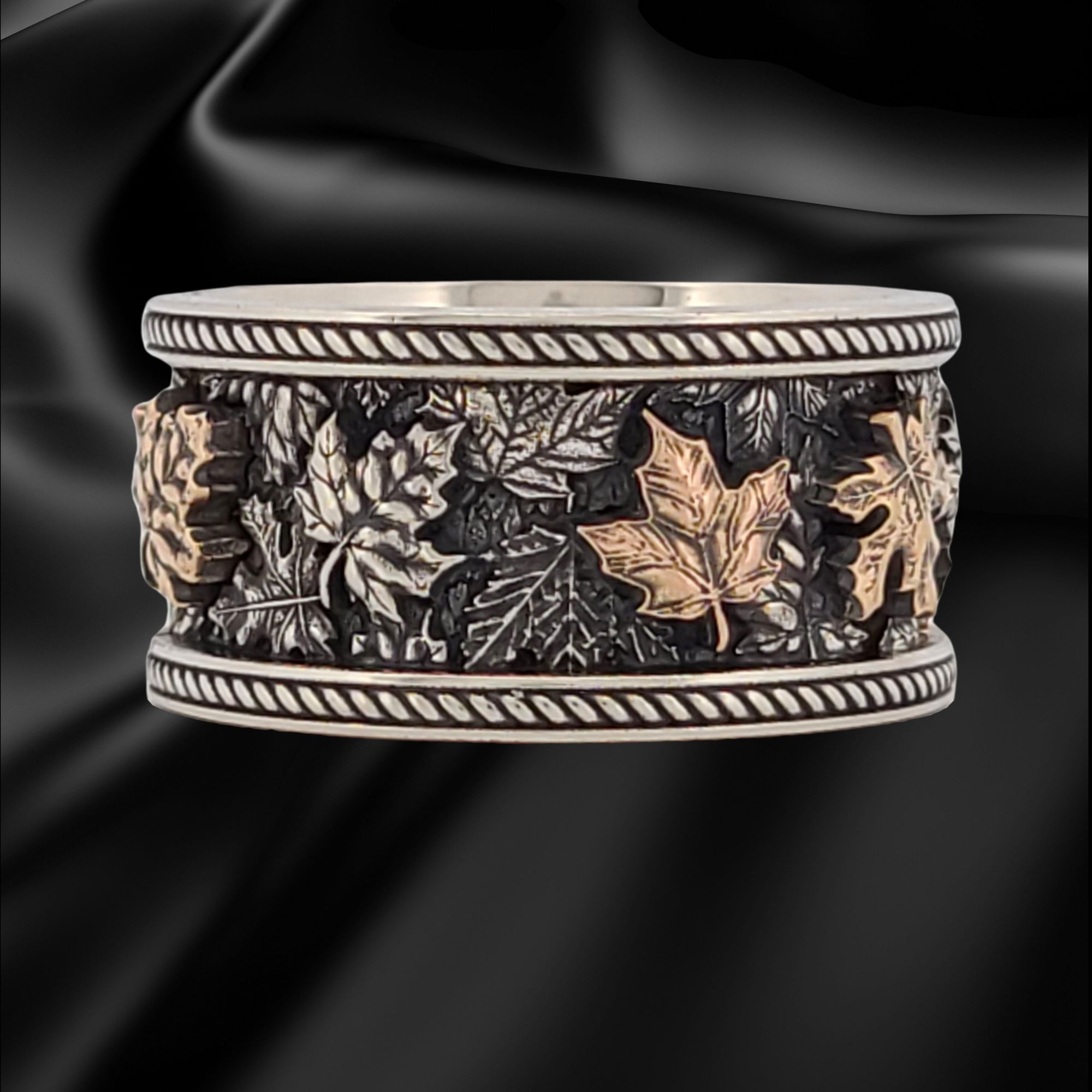 INVENTORY SALE-AUTUMN MAPLE LEAVES Wide Band Canadian-Themed Wedding Ring Tri-Toned Gold Fall Colors