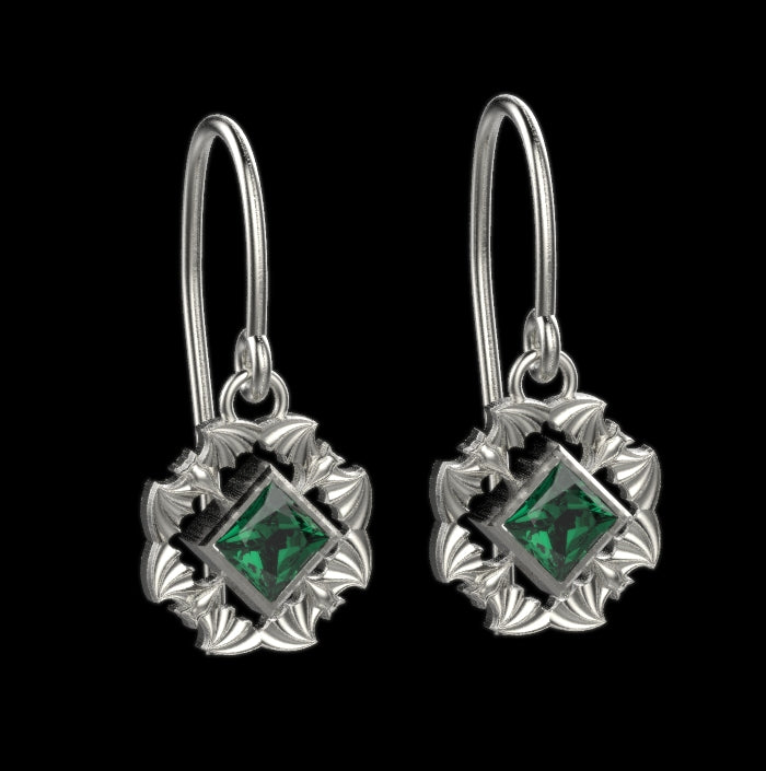 Gothic Nightfall Bat Statement Earrings with Princess Cut Gemstone