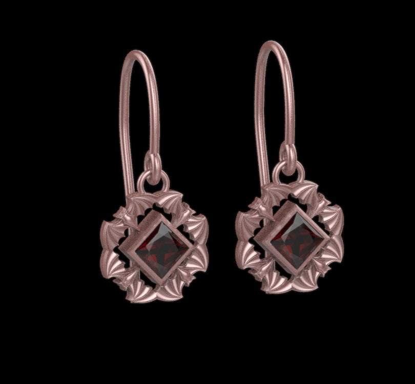 Gothic Nightfall Bat Statement Earrings with Princess Cut Gemstone