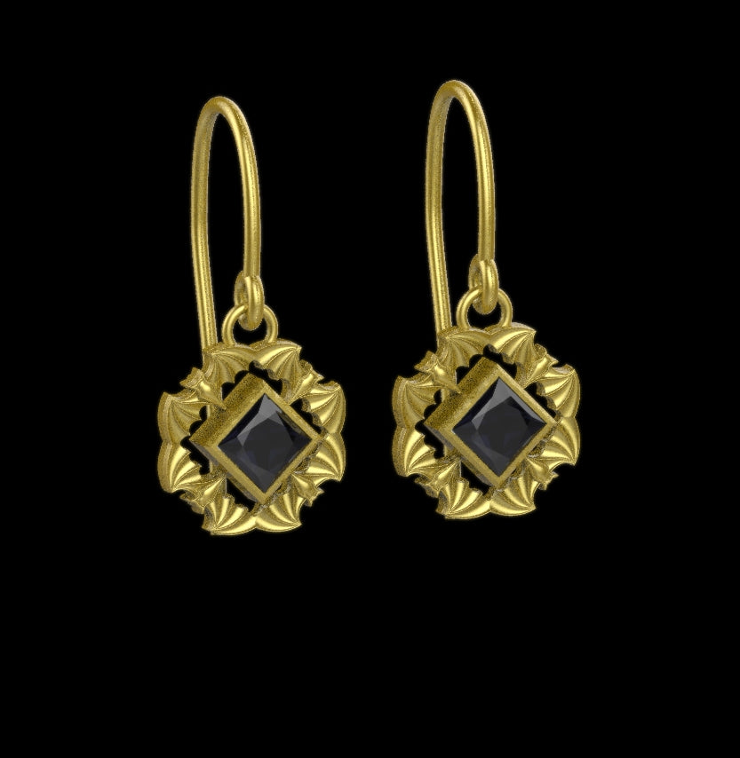 Gothic Nightfall Bat Statement Earrings with Princess Cut Gemstone