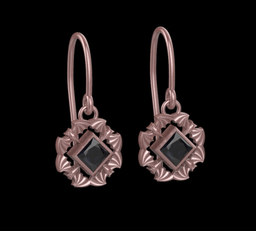 Gothic Nightfall Bat Statement Earrings with Princess Cut Gemstone