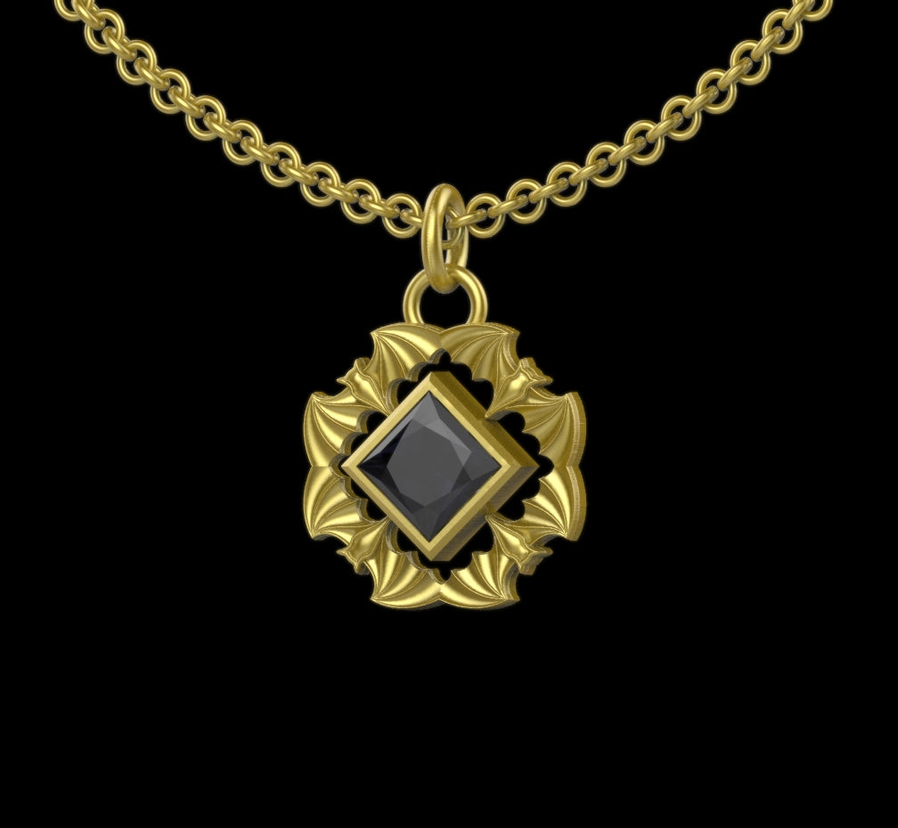 Gothic Nightfall Bat Statement Pendant with Princess Cut Gemstone