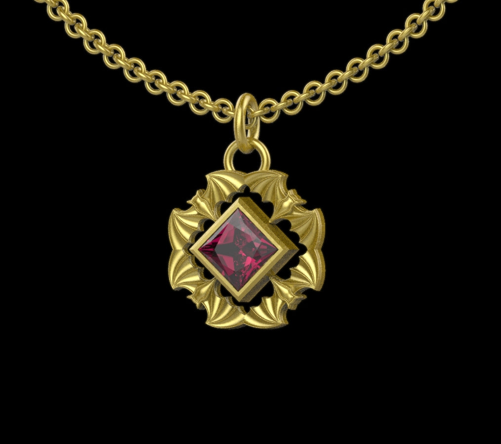 Gothic Nightfall Bat Statement Pendant with Princess Cut Gemstone