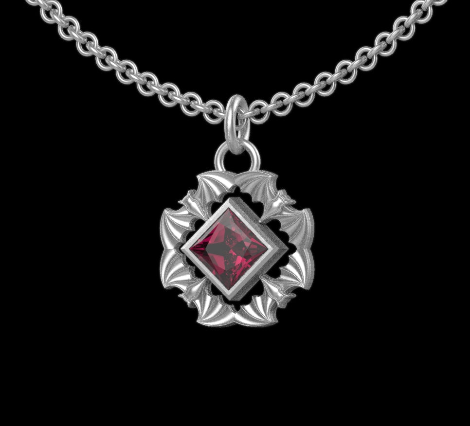 Gothic Nightfall Bat Statement Pendant with Princess Cut Gemstone