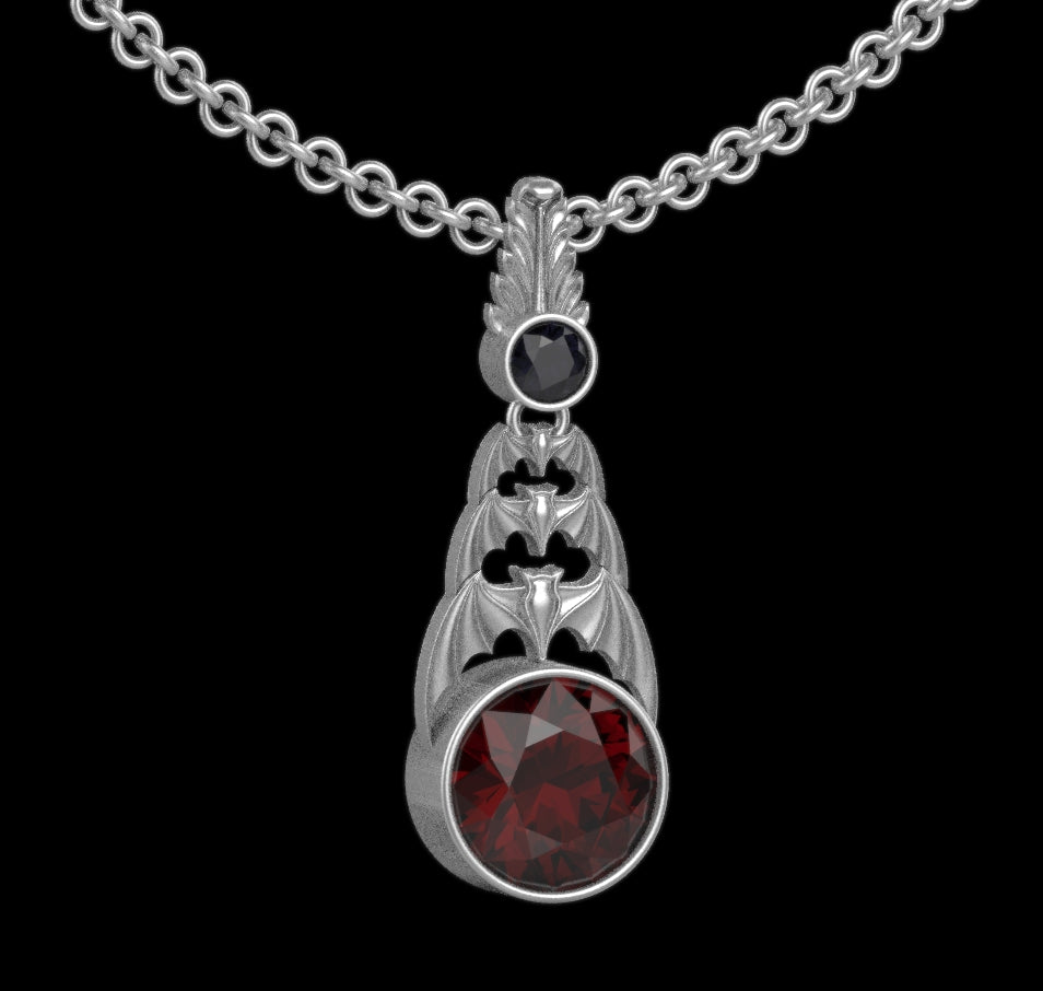 Gothic Nightfall Cascading Bat Pendant with Gemstone