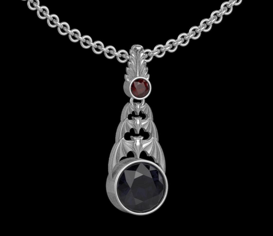 Gothic Nightfall Cascading Bat Pendant with Gemstone