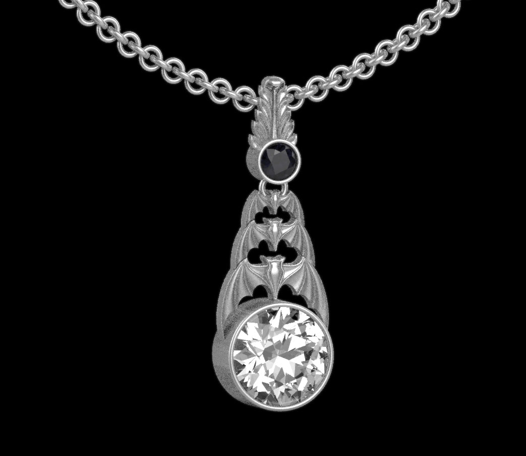 Gothic Nightfall Cascading Bat Pendant with Gemstone