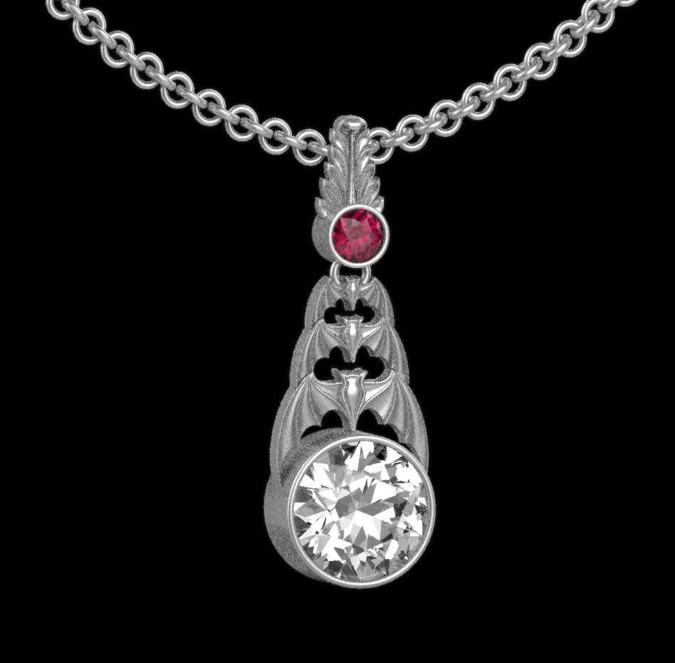 Gothic Nightfall Cascading Bat Pendant with Gemstone