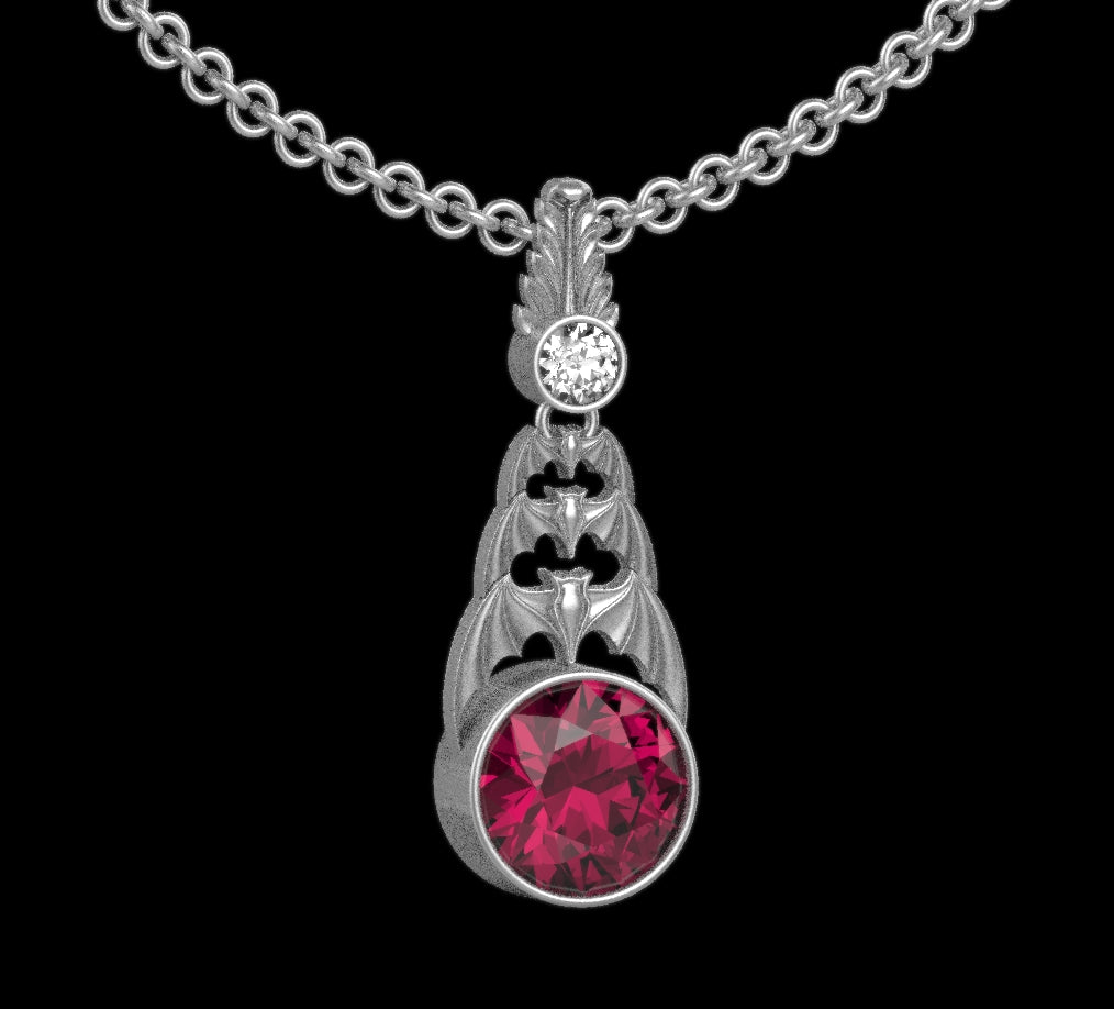 Gothic Nightfall Cascading Bat Pendant with Gemstone