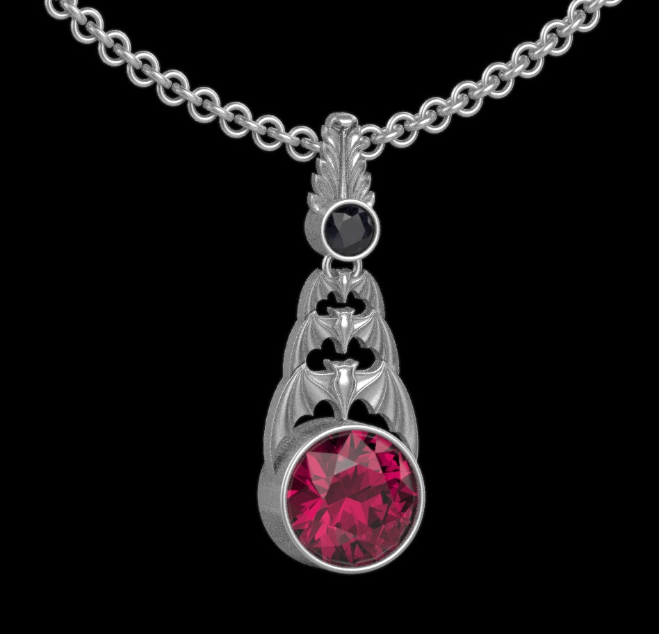 Gothic Nightfall Cascading Bat Pendant with Gemstone