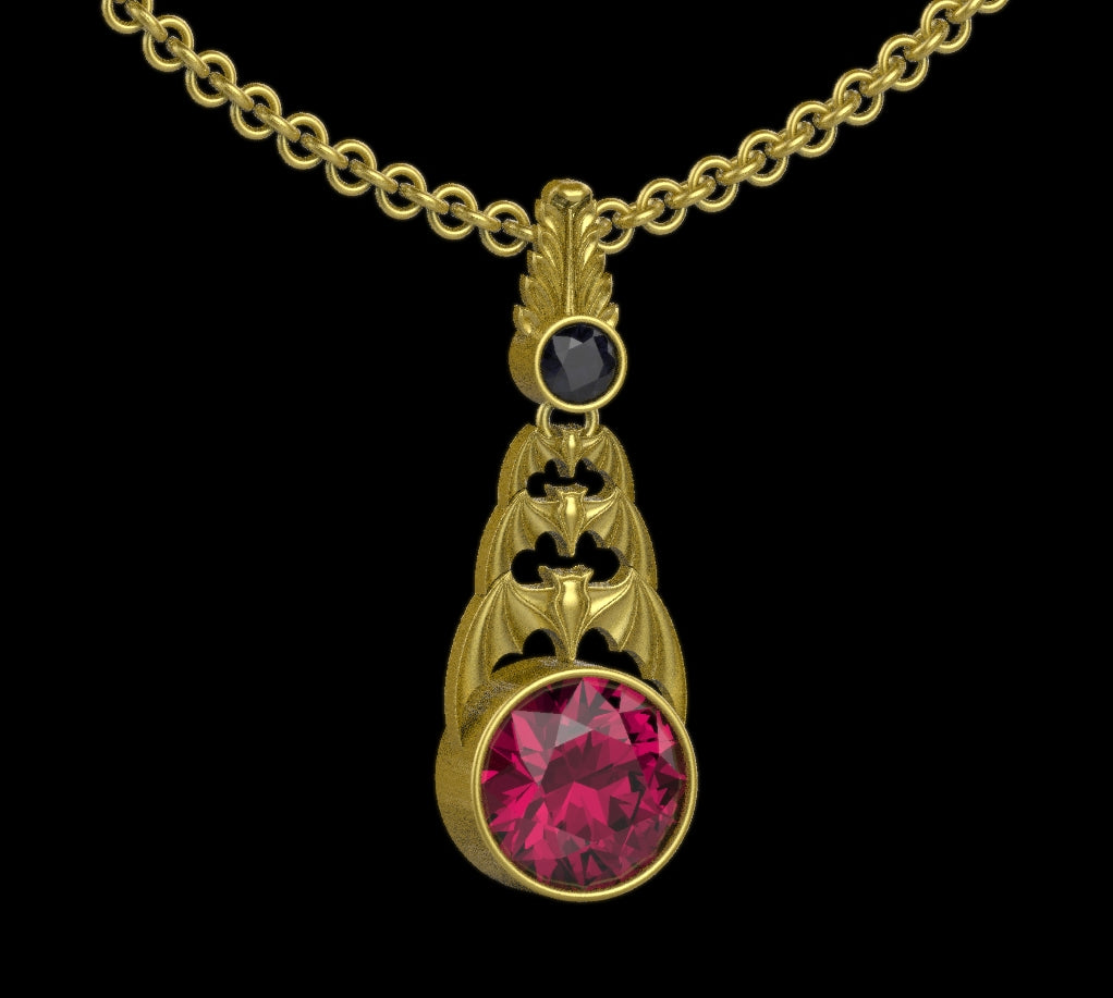 Gothic Nightfall Cascading Bat Pendant with Gemstone