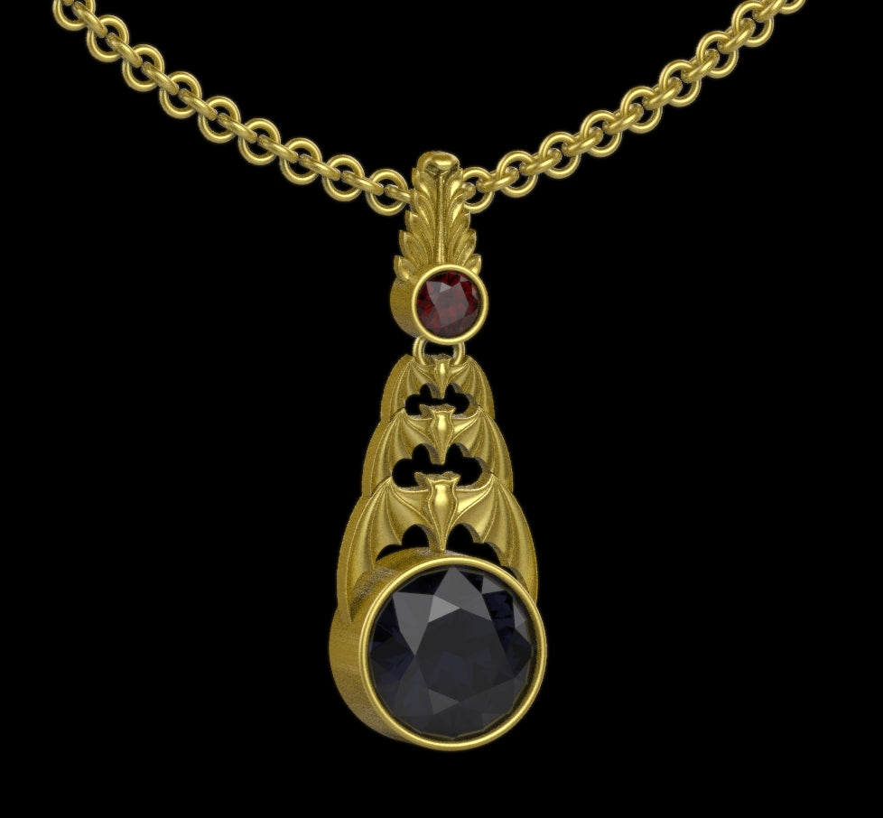 Gothic Nightfall Cascading Bat Pendant with Gemstone