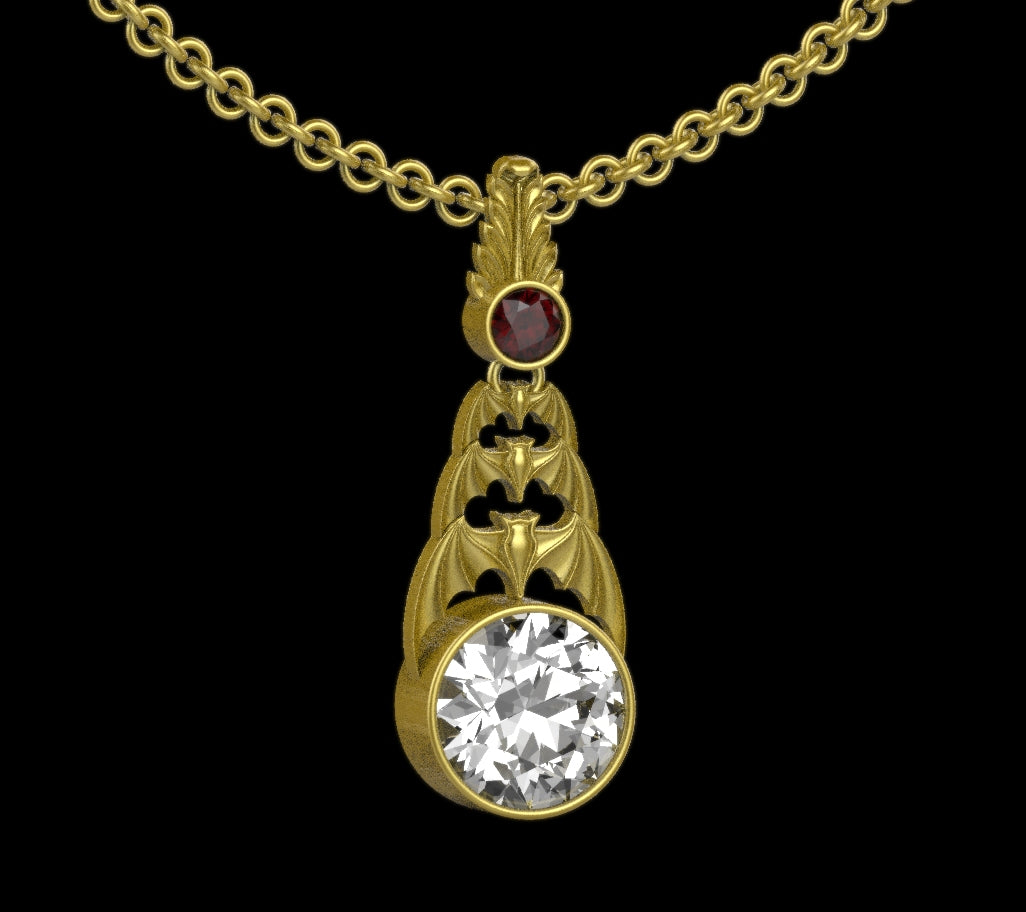 Gothic Nightfall Cascading Bat Pendant with Gemstone