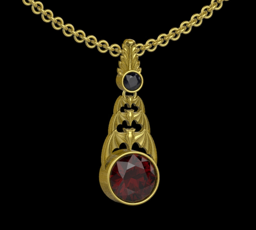 Gothic Nightfall Cascading Bat Pendant with Gemstone