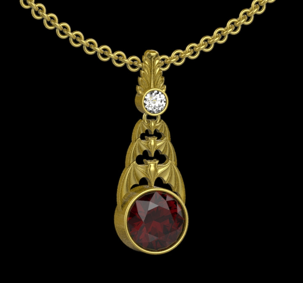 Gothic Nightfall Cascading Bat Pendant with Gemstone