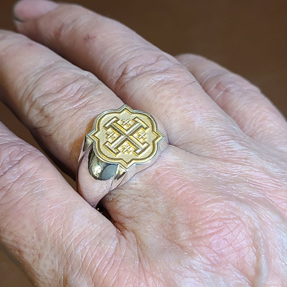 Jerusalem Cross Signet Ring -  2-Tone Sterling or Continuum and 14KT Gold