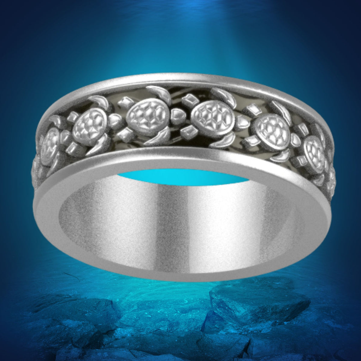 Tortuga Band Ring - Sea Turtle Swimming In Ocean in Sterling, Continuum or Sterling+10KT