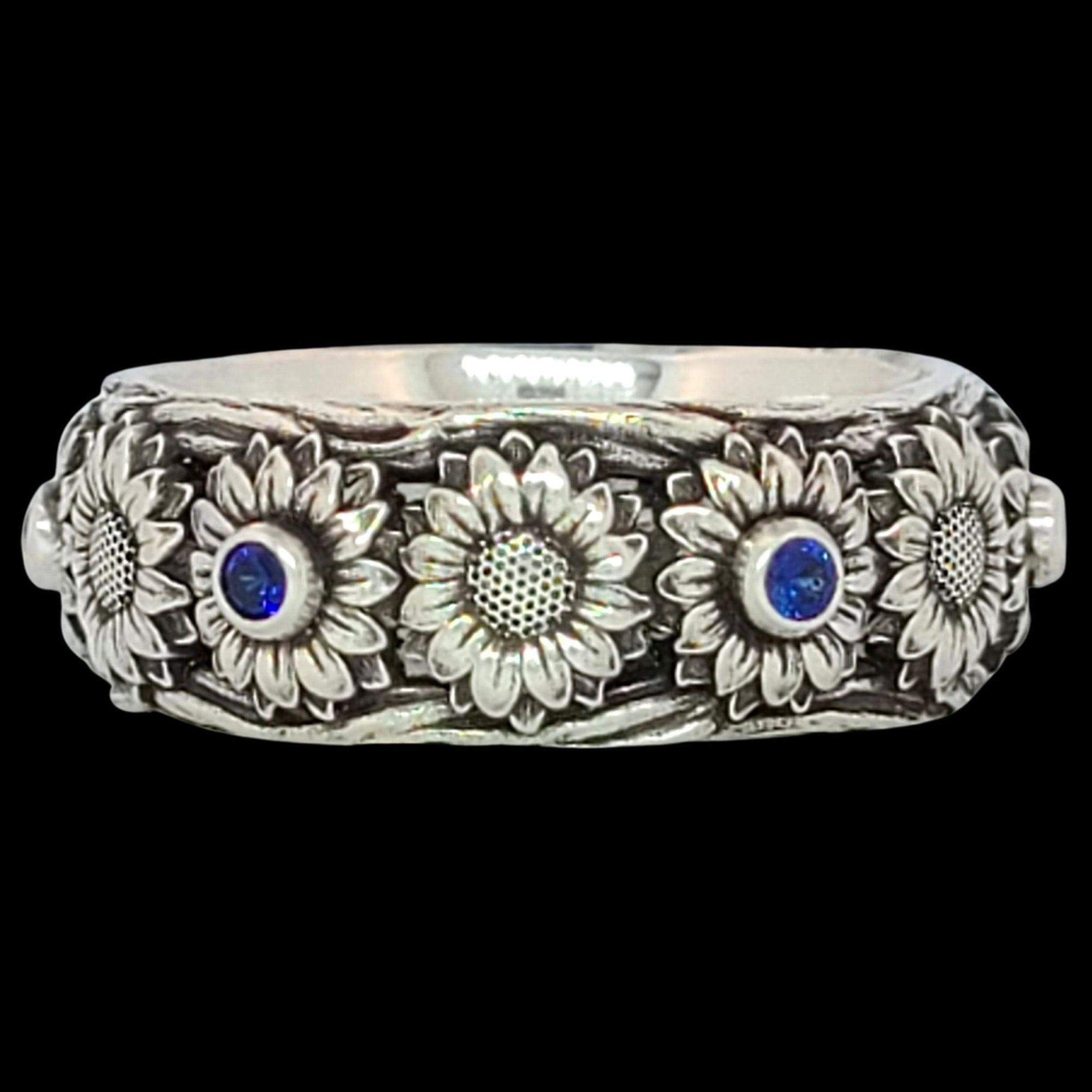 SUNFLOWER BAND RING in SILVER with CHOICE of Six 2mm GEMSTONES - Starting at $259