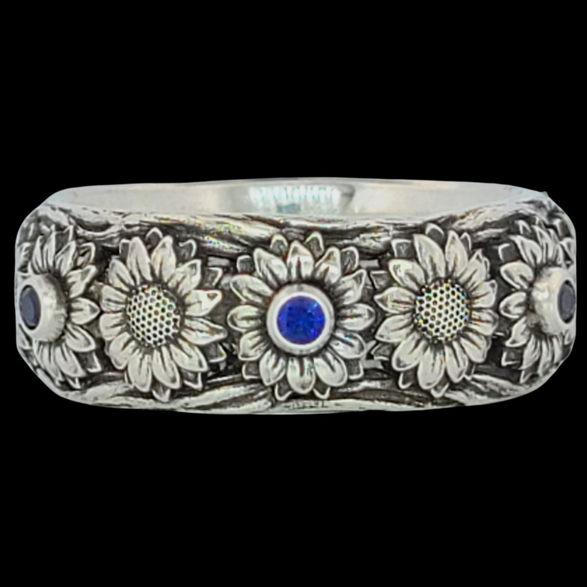 SUNFLOWER BAND RING in SILVER with CHOICE of Six 2mm GEMSTONES - Starting at $259