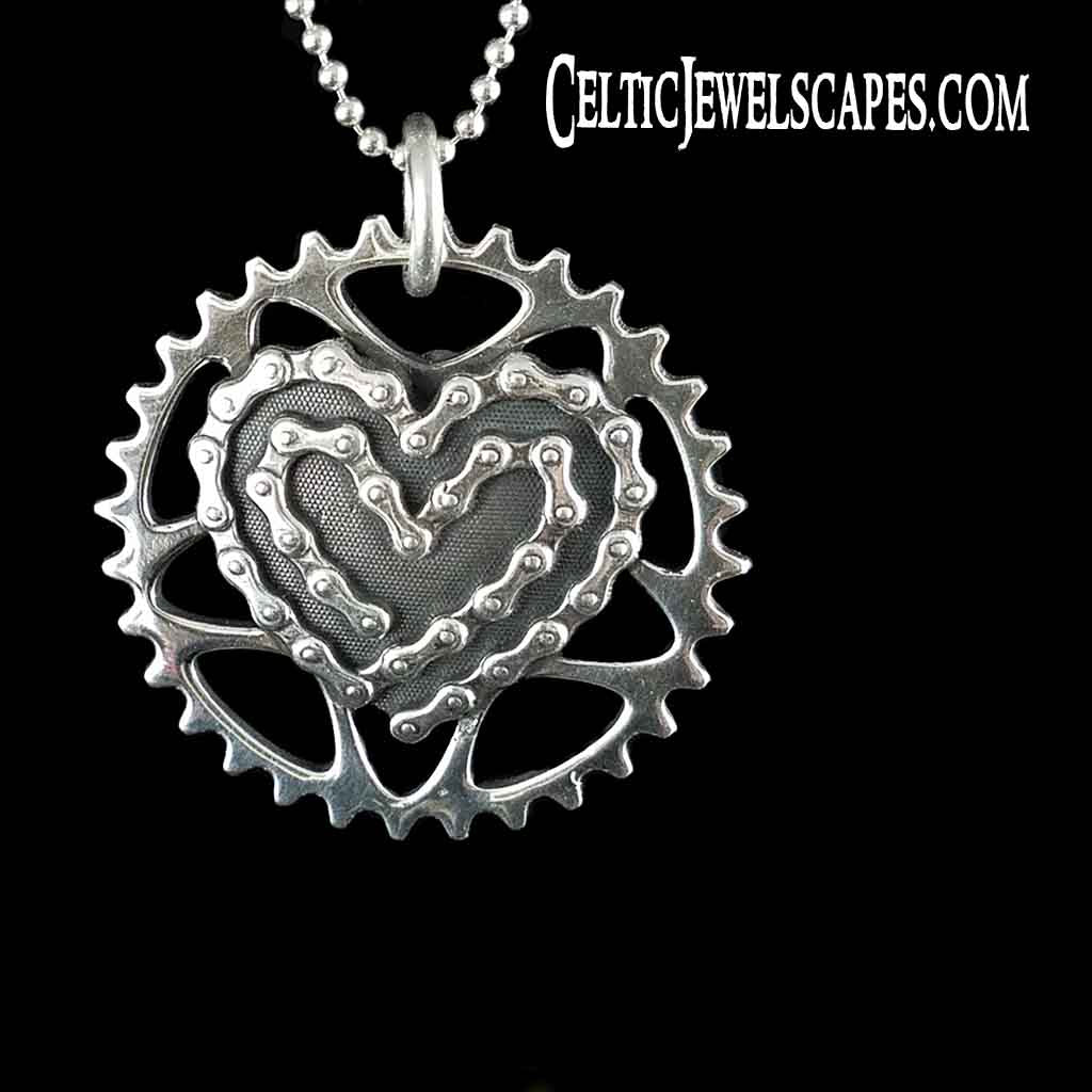 Black string necklace, metal heart pendant, Celtic knot